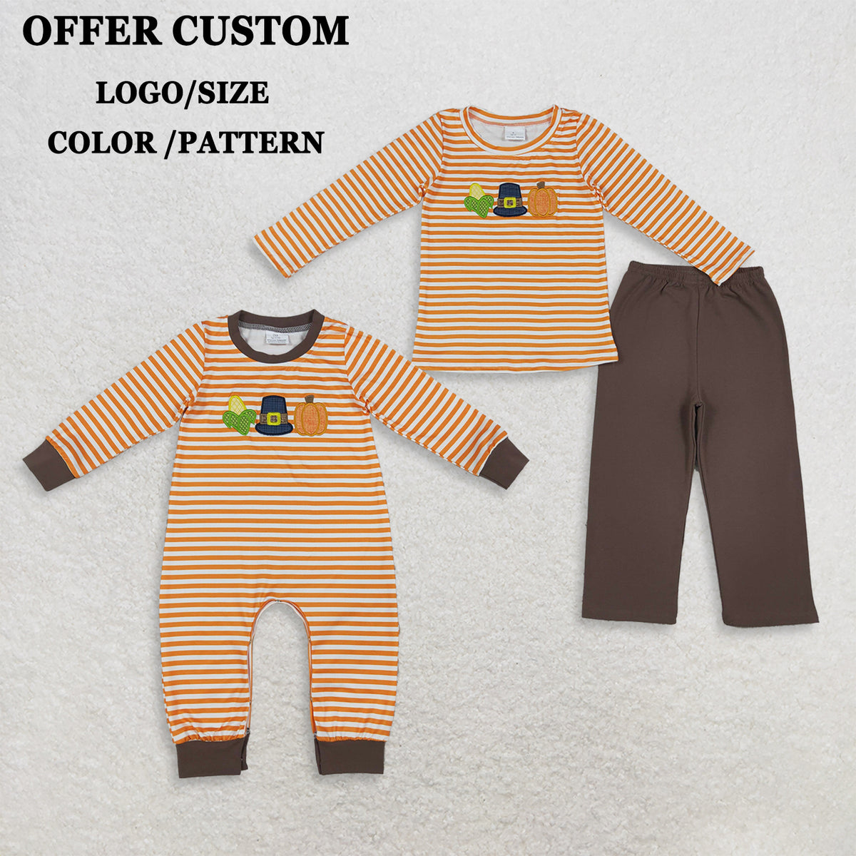 RTS NO MOQ Siblingmilk silk Embroidery Pumpkin Baby Boys Orange Stripe Top Pant Fall Clothes Sets Rompers