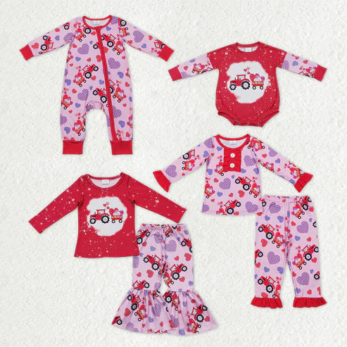 9.16 RTS Sibling Baby Kids Hearts Trucks Top Bell Bottom Pants Valentine Pajamas Clothes Sets Rompers