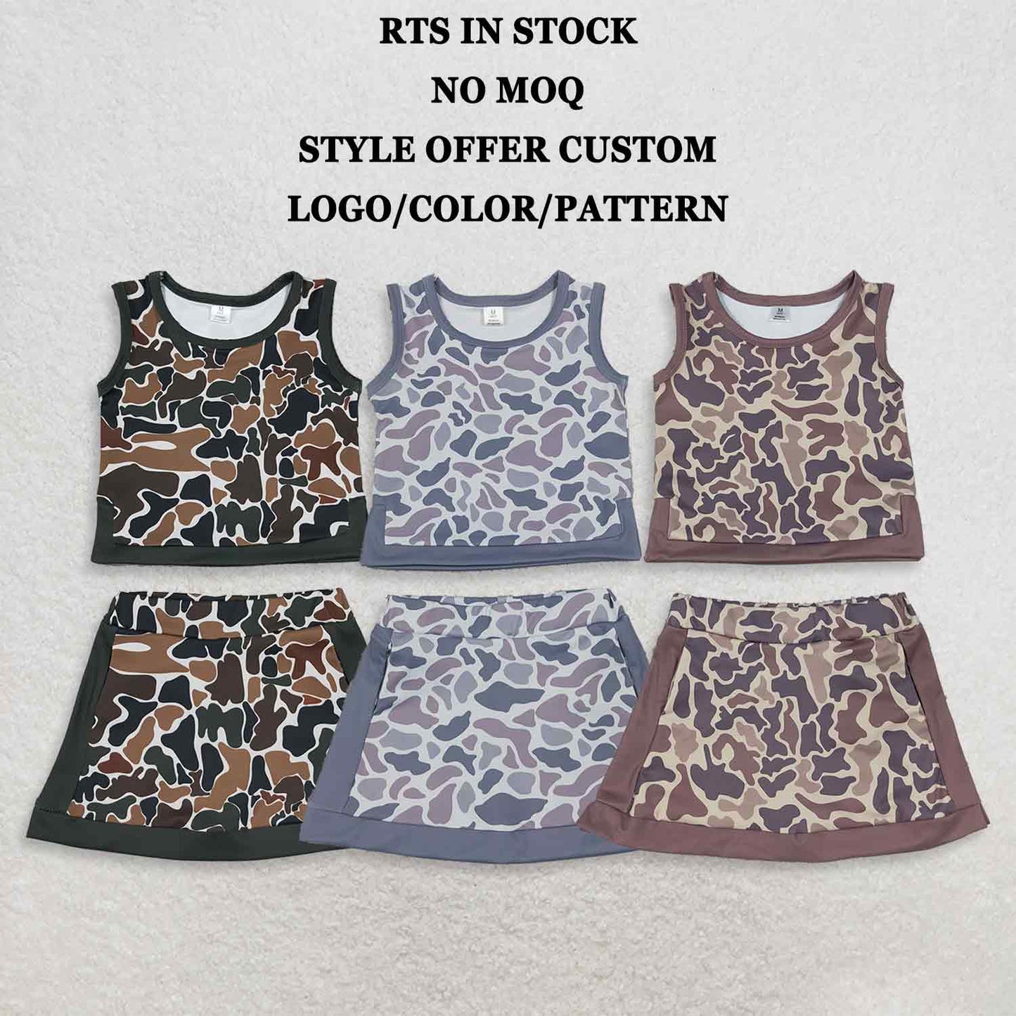 RTS NO MOQ Sibling Yoga fabric Baby Girls Southern  Camo Vest Skirt Short Yoga Active Clothes Set