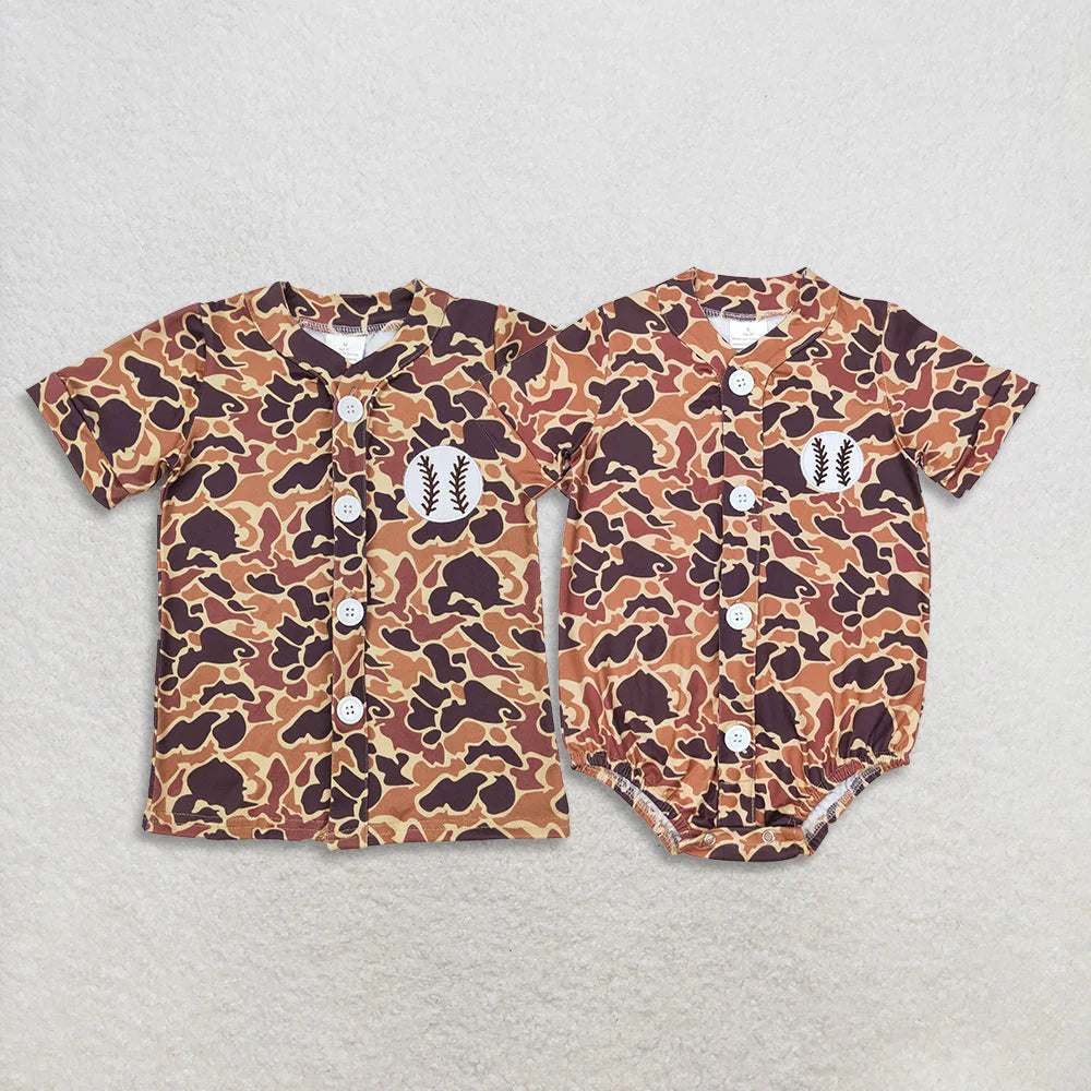 10.27 RTS Embroidery Baseball Baby Boys Brown Camo Button Team Short Sleeve Shirts Tops Rompers