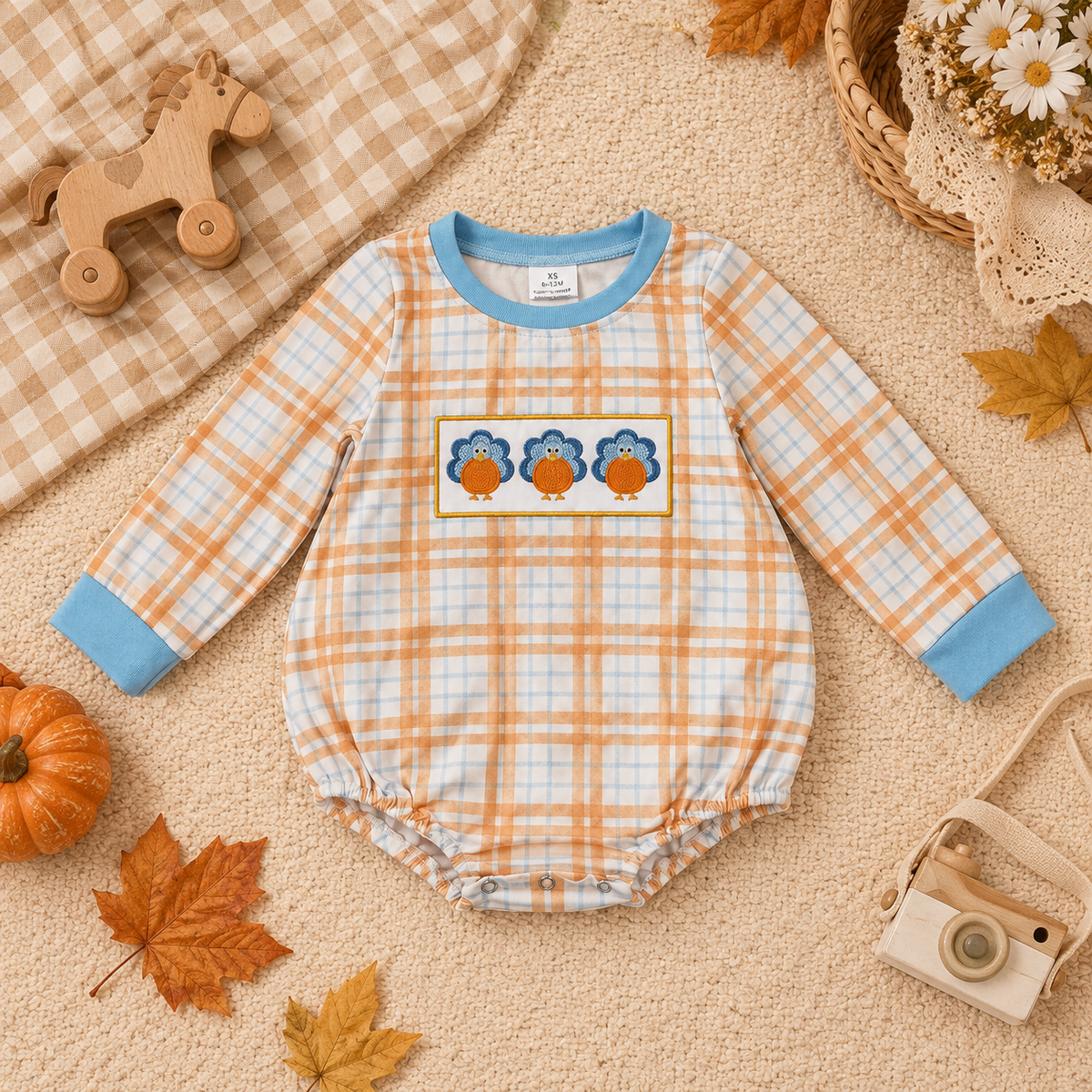 RTS NO MOQ milk silk LR3138 Embroidery Pumpkins Turkey Baby Boys Thanksgivings Checked Rompers
