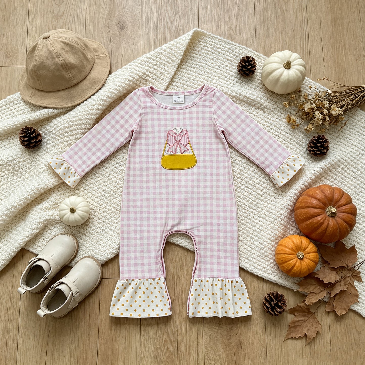 RTS NO MOQ （In stock）milk silk LR3022 Embroidery Bows Candy Baby Girls Pink Checked Halloween Ruffle Pant Rompers