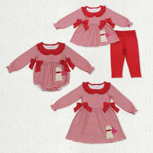 11.5 RTS Sibling Baby Girls Red Stripes Bows Embroidery Dog Hearts Valentine Clothes Sets Dress Romper