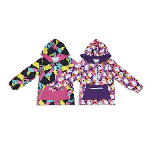 9.30 RTS Sibling Baby Girls Colorful Patchwork Ghosts Pocket Zipper Halloween Hoodies Top