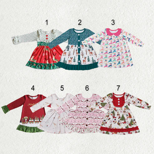 11.1 RST Sibling Baby Girls Deer Plaid Button Pockets Christmas Ruffle Knee Length Dresses