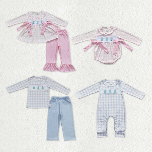 9.19 RTS Sibling Baby Kids Embroidery Trees Checked Top Pants Christmas Clothes Sets Rompers