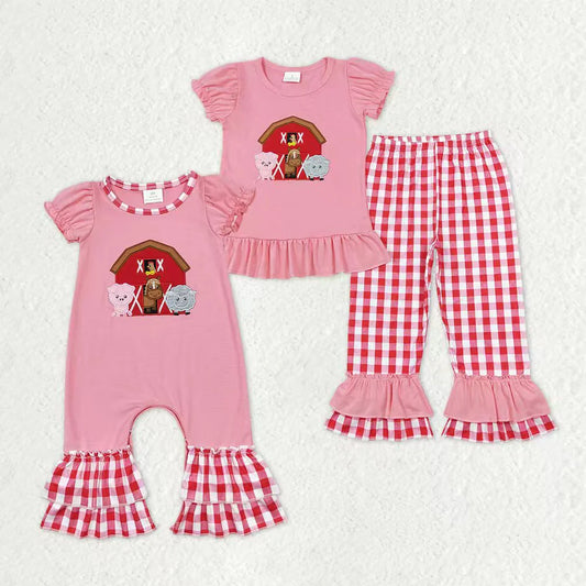 10.27 RTS Sibling Baby Girls Embroidery Farm Ruffle Pants Clothes Sets Footie Rompers