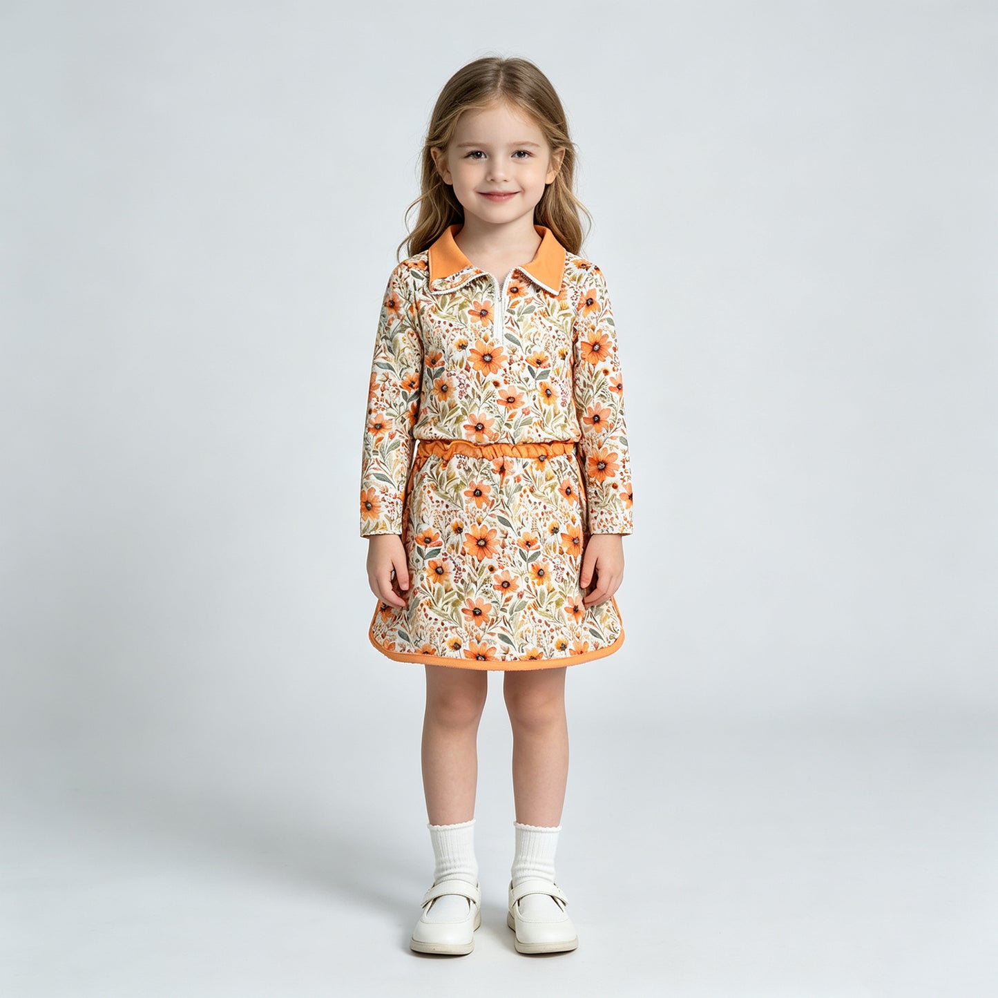 GLD1606 RTS NO MOQ （In stock） Baby Girls Long Sleeve Flowers Zip Pullovers Skirt Short Fall Clothes Sets