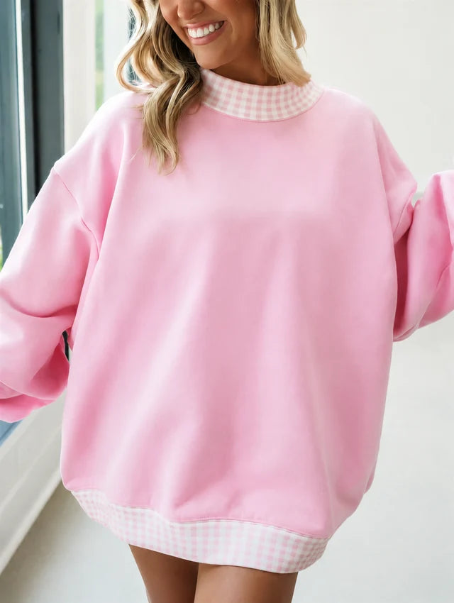 RTS NO MOQ  milk silk GT1794 Sweatshirt Material Adult Women Pink Sweater Gingham Tee Shirts Tops Casual Wear Top