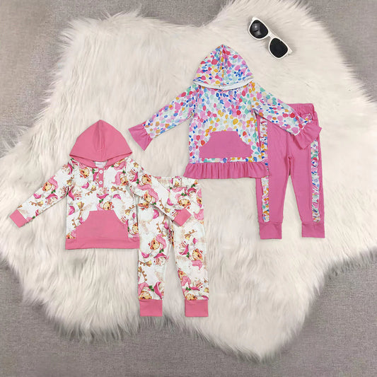10.2 RTS Sibling Baby Girls Long Sleeves Santa Leopard Pockets Hoodies Top Legging Pants Set