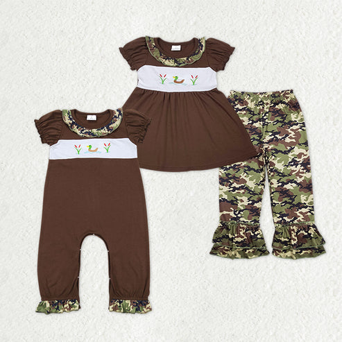 10.28 RTS Sibling Baby Girls Embroidery Ducks Tunic Ruffle Pants Hunting Clothes Sets Pant Rompers