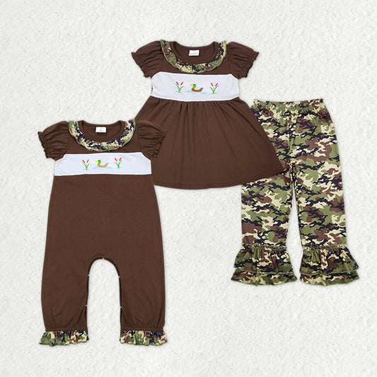 1.5 RTS Sibling Baby Girls Embroidery Ducks Tunic Ruffle Pants Hunting Clothes Sets Pant Rompers
