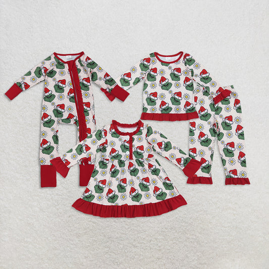RTS Sibling Baby Girls Winter Outfits Floral Green Face Christmas Pajamas Long Sleeves Ruffle Dress Rompers for Holiday Comfortable Sleepwear