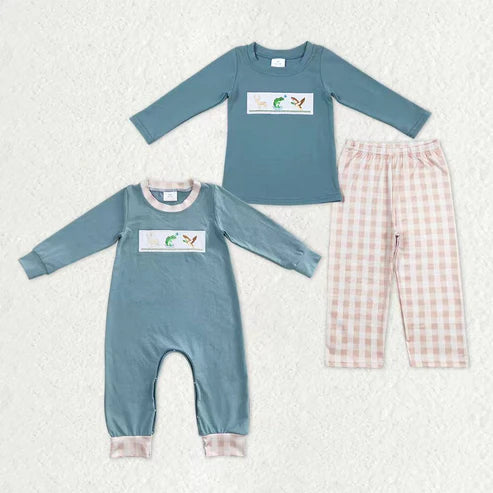 10.28 RTS Sibling Baby Boys Embroidery Deer Fish Ducks Top Checked Pants Hunting Clothes Sets Pant Rompers