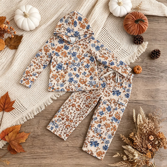 RTS NO MOQ （In stock）milk silk GLP3323 Toddler Girls Colorful Floral Print Zip Hoodie With Pockets Straight Leg Pants Casual Outfit
