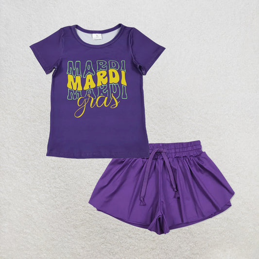 5.25 RTS NO MOQ （In stock）GT1253+SS0602  Short sleeves purple mardi gras kids girls summer top with activewear summer yoga shorts
