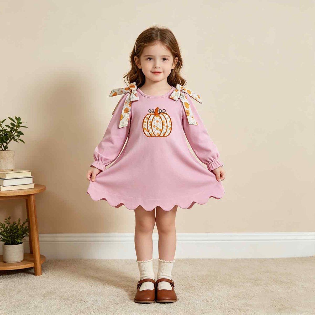 GLD1642 RTS NO MOQ （In stock） milk silk Embroidery Baby Girls Fall Pumpkin Long Ruffle Sleeve Scallop Knee Length Casual Wear Dresses