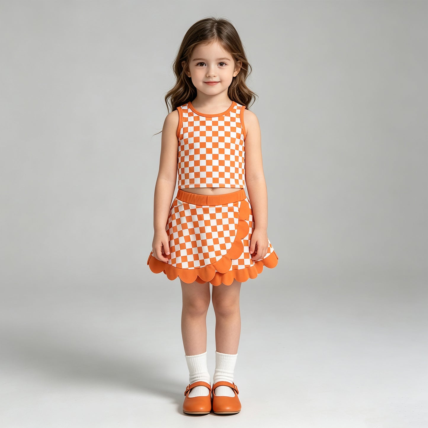 GSD4252 Sample No Moq Baby Girls Orange Checked Vest Scallop Skirt Short Yoga Active Clothes Set