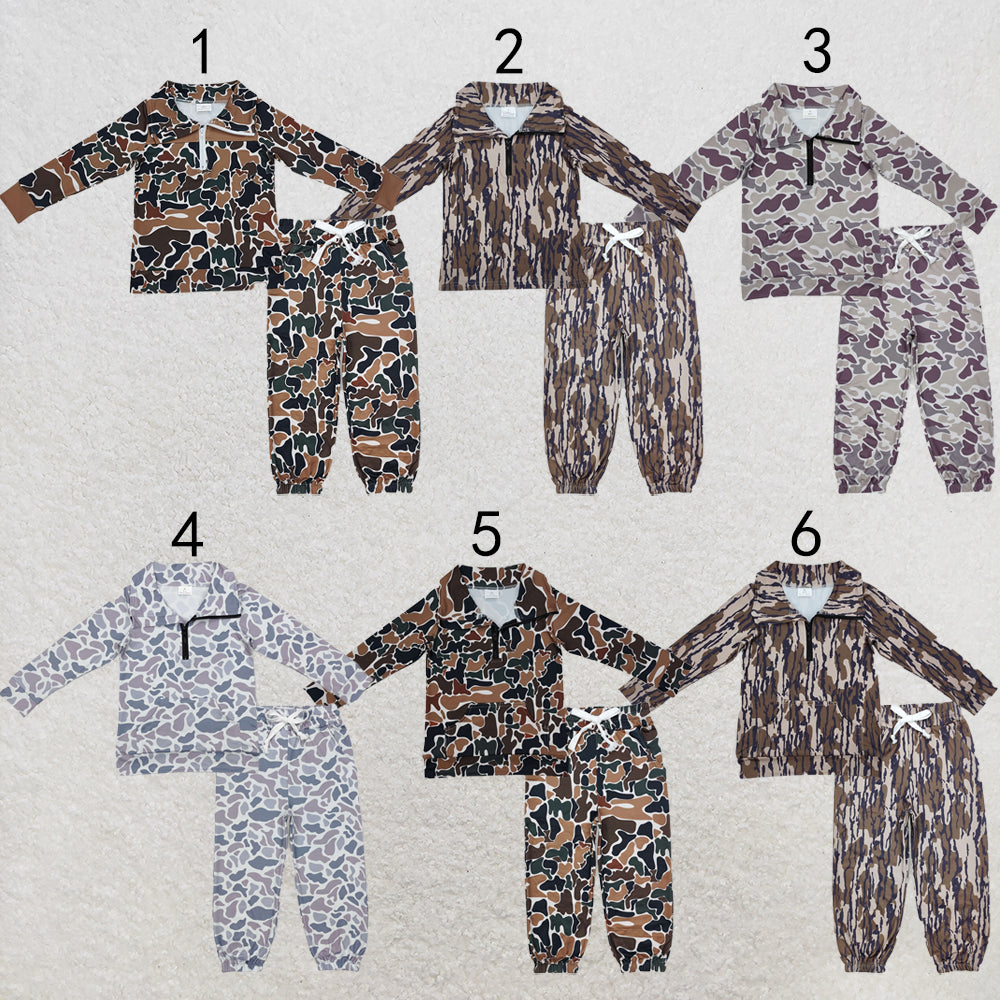 RTS NO MOQ Sibling milk silk Baby Boys Camo Print Half Zip Pocket Pullover And Drawstring Jogger Pants Matching Set