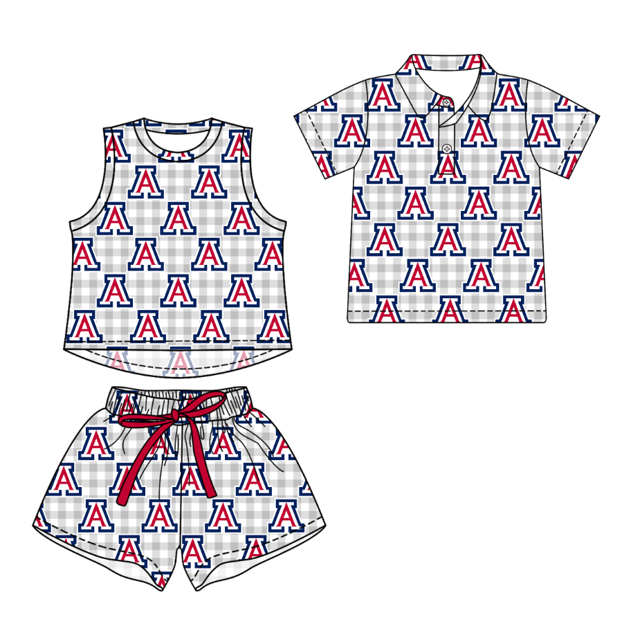 3.16 CUSTOM MOQ 5 Sibling Boys Baby Girls Summer Fashion Gray Check A Sleeveless Top Shorts Button Polo Shirts Team Clothes Sets