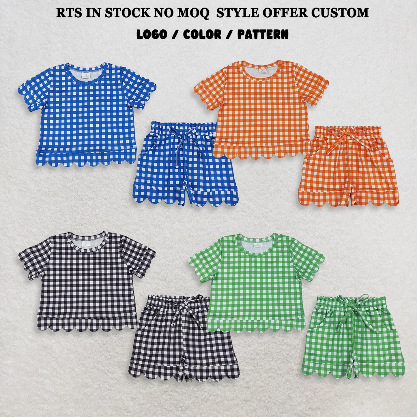 RTS NO MOQ Sibling milk silk Baby Girls Checked Shirt Top Pockets Short Scallop Clothes Set Summer Casual Outfit