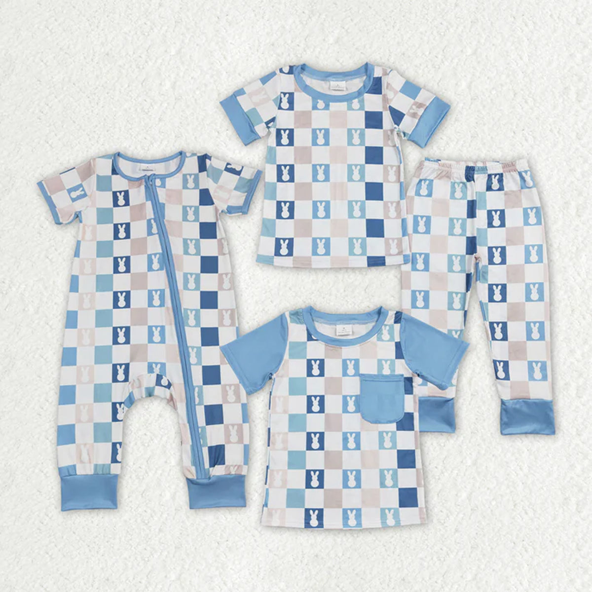 RTS Sibling Baby Boys Blue Checkered Rabbits Short Sleeve Tops Pants Pajamas Clothes Sets rompers