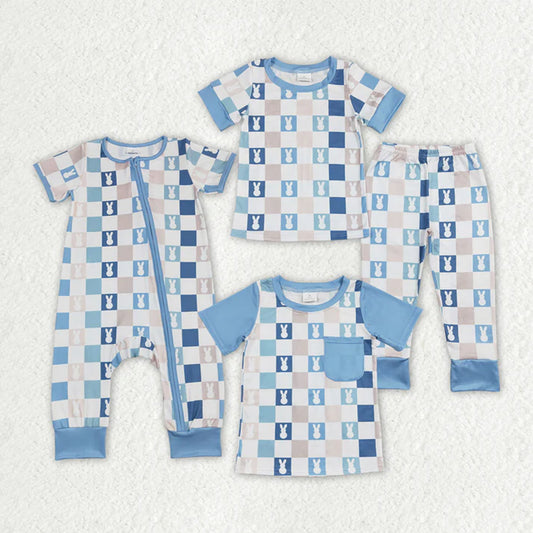 RTS Sibling Baby Boys Blue Checkered Rabbits Short Sleeve Tops Pants Pajamas Clothes Sets rompers