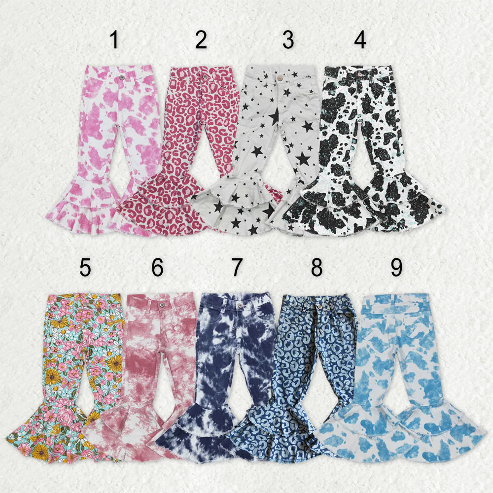11.6 RTS Sibling Baby Girls Leopard Camo Bell Bottom Denim Pants Jeans
