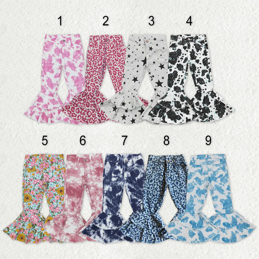 11.6 RTS Sibling Baby Girls Leopard Camo Bell Bottom Denim Pants Jeans