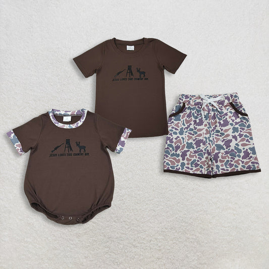 11.12 RTS Sibling Baby Boys Embroidery Deer Hunting Pockets Camo Shorts Clothes Sets Rompers