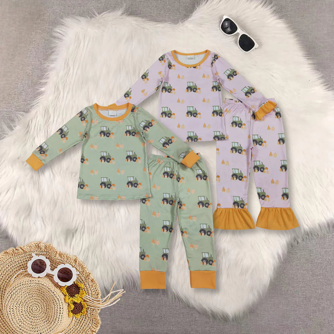 10.1 RTS Sibling Baby Kids Long Sleeves Trucks Pumpkins Plaid Top Pants Farm Pajamas Set