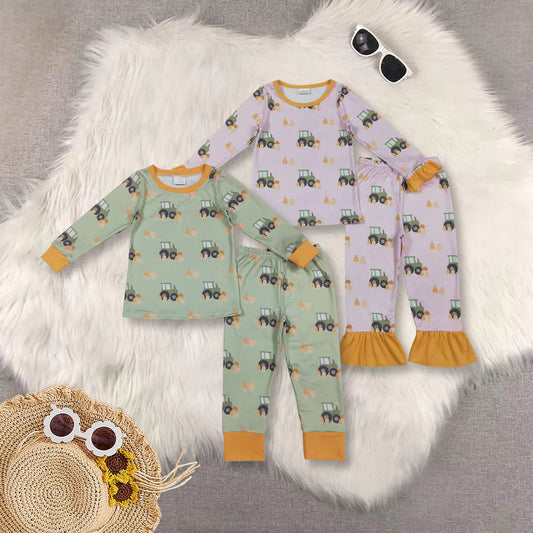 10.1 RTS Sibling Baby Kids Long Sleeves Trucks Pumpkins Plaid Top Pants Farm Pajamas Set