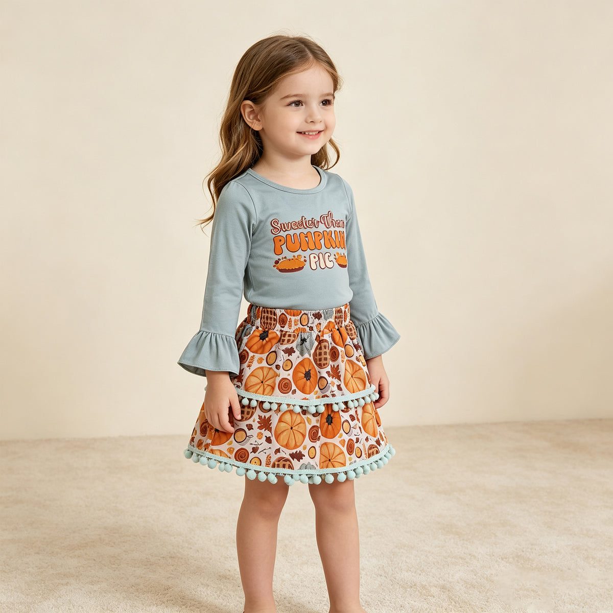 RTS NO MOQ （In stock） milk silk GLD0763 Baby Girls Long Sleeve Ruffle Top Pumpkin Pie Print Skirt Set