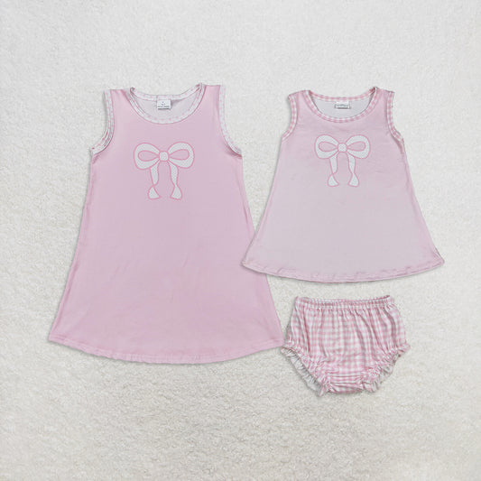 RTS Sibling Baby Girls Pink Bows Print Sleeveless Knee Length Dresses Bummies Set