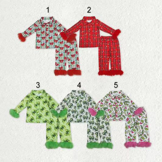 9.27 RTS Sibling Baby Girls Sister Christmas Green Face Bows Buttons Top Pants Fur Pajamas Clothes Sets