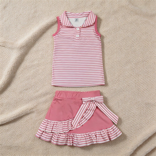 GSD3408 RTS NO MOQ （In stock）Sleeveless pink stripe polo shirt skirt girls active wear set