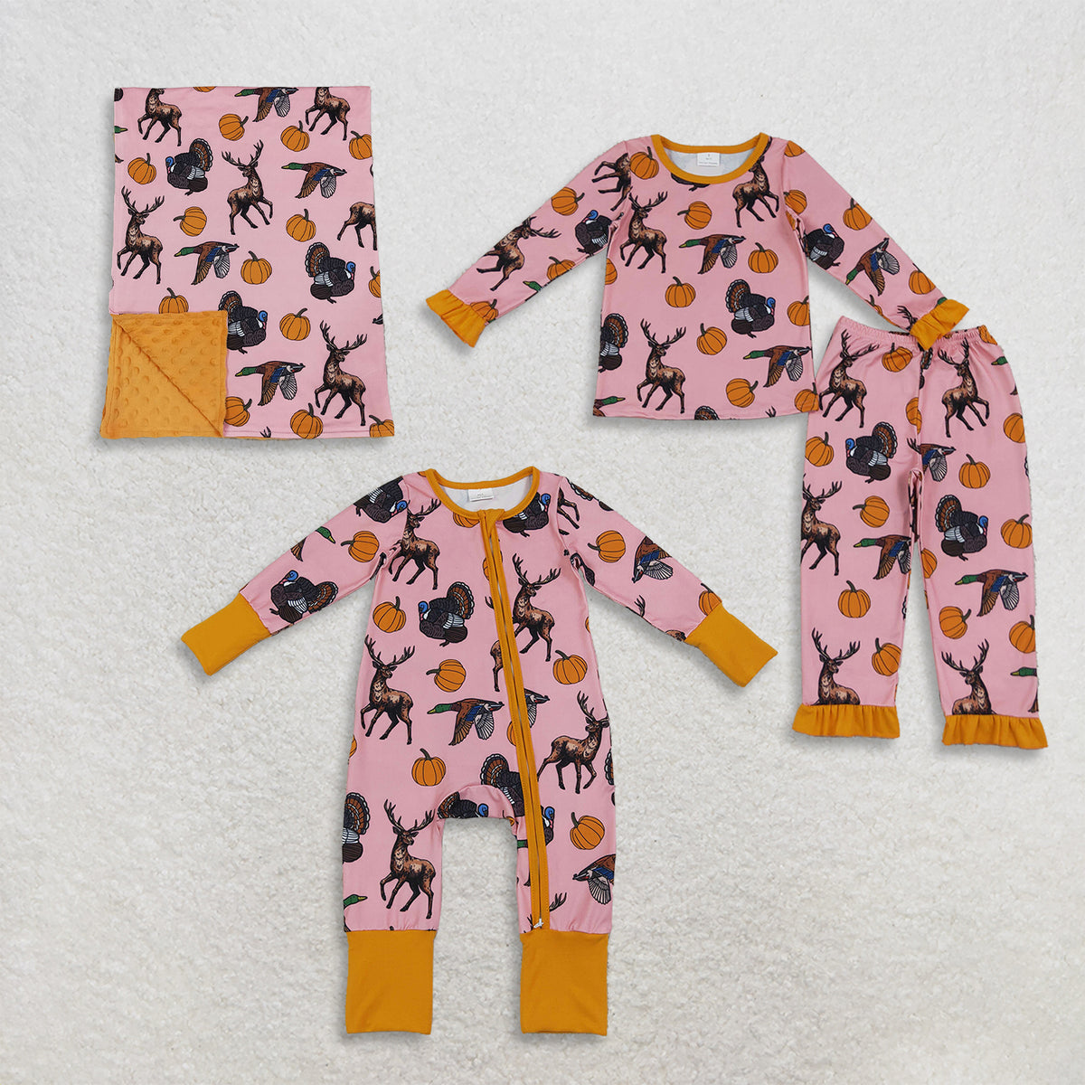RTS NO MOQ Sibling milk silk Baby Girls Pink Thanksgiving Turkey Deer Pumpkin Print Baby Zipper Romper Kids Pajama Set Blanket