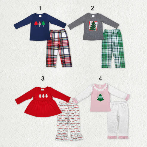 9.19 RTS Sibling Baby Boys Girls Embroidery Trees Top Pants Christmas Clothes Sets