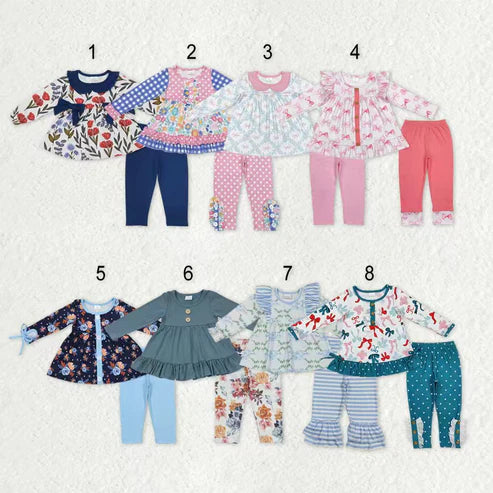 9.17 RTS Sibling Baby Girls Bows Flowers Tunic Leggings Pant Long Ruffle Sleeves Clothes Sets