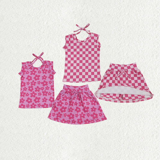 10.3 RTS Sibling Baby Girls Pink Sleeveless Flowers Plaid Shirts Top Skorts Clothes Sets