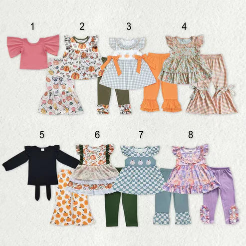 9.17 RTS Sibling Baby Girls Bows Flowers Pumpkins Tunic Leggings Bell Bottom Pant Fall Clothes Set