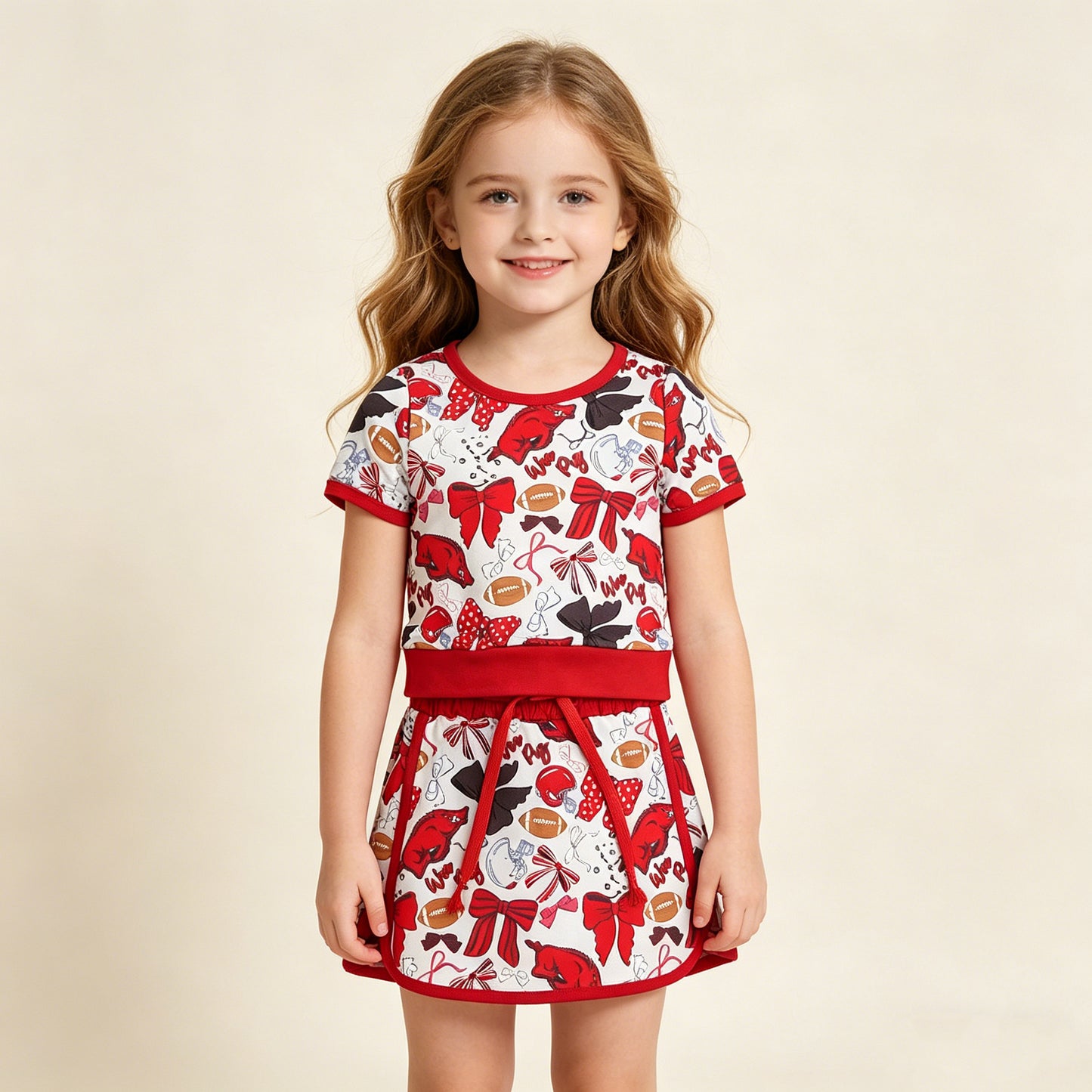 GSD3696 RTS NO MOQ （In stock ）Short sleeves bow top skirt girls team active wear set