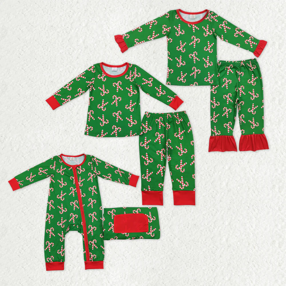 11.15 RTS Sibling Baby Boys Girls Christmas Candy Cane Pant Pajamas Sets Zipper Footie Rompers
