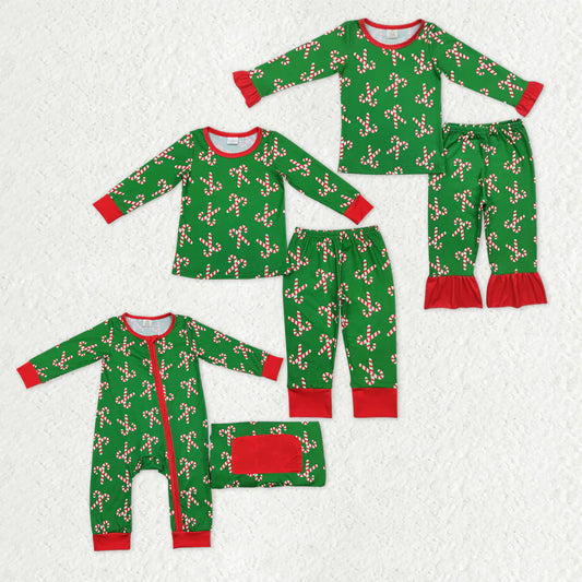 11.15 RTS Sibling Baby Boys Girls Christmas Candy Cane Pant Pajamas Sets Zipper Footie Rompers