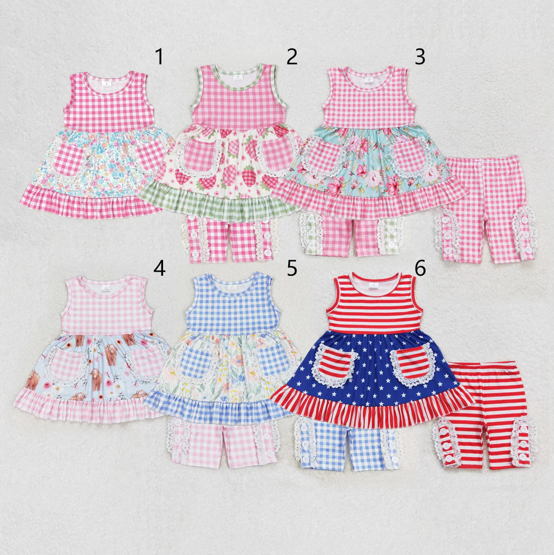 11.10 RTS Sibling Baby Girls Checkered Floral Tunic Top Ruffle Middle Length Shorts Clothes Sets