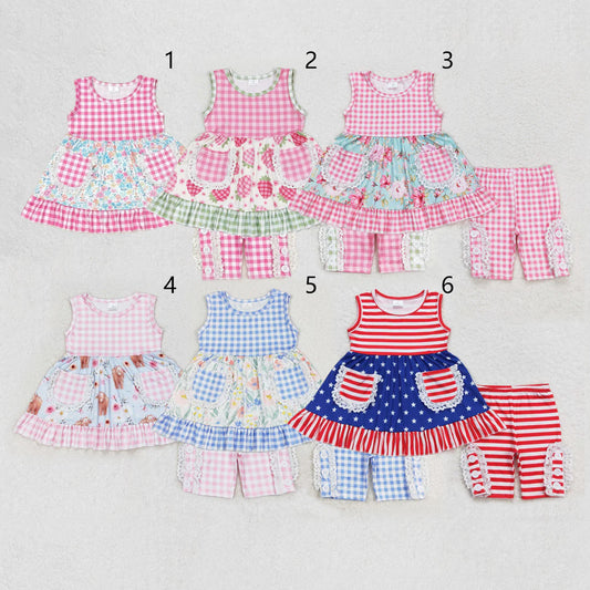 11.10 RTS Sibling Baby Girls Checkered Floral Tunic Top Ruffle Middle Length Shorts Clothes Sets