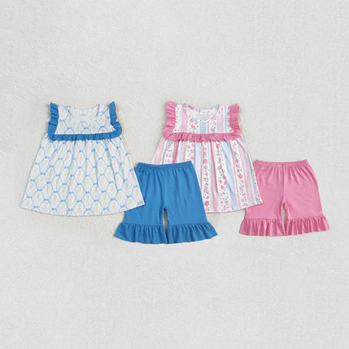 11.8 RTS Sibling Baby Girls Bows Flowers Tunic Ruffle Shorts Sets