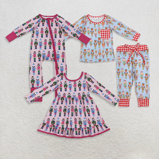 RTS Sibling Baby Girls Winter Outfits Kids Plaid Pocket Long Sleeve Christmas Pajamas King Boys Pink Ballet Ruffle Dress Christmas Eve Family Matching Outfits
