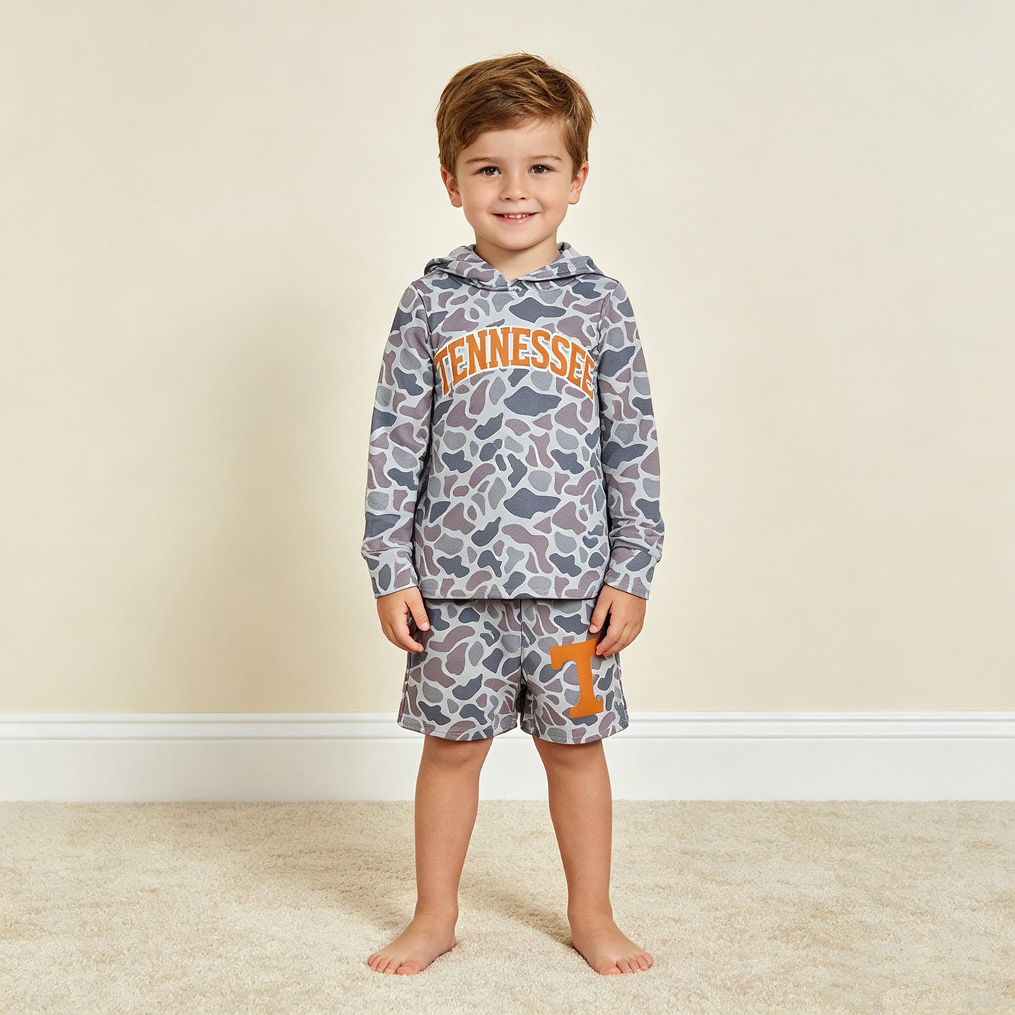 RTS NO MOQ milk silk BLS0042 Baby Boys Grey Camo Orange Letter Print Long Sleeve Hoodie Casual Shorts Team Clothes Set
