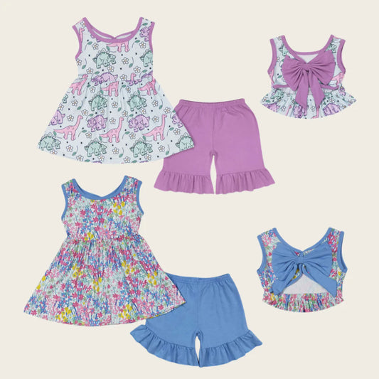 11.10 RTS Sibling Baby Girls Sleeveless Dinosaurs Floral Tunic Ruffle Shorts Clothes Sets